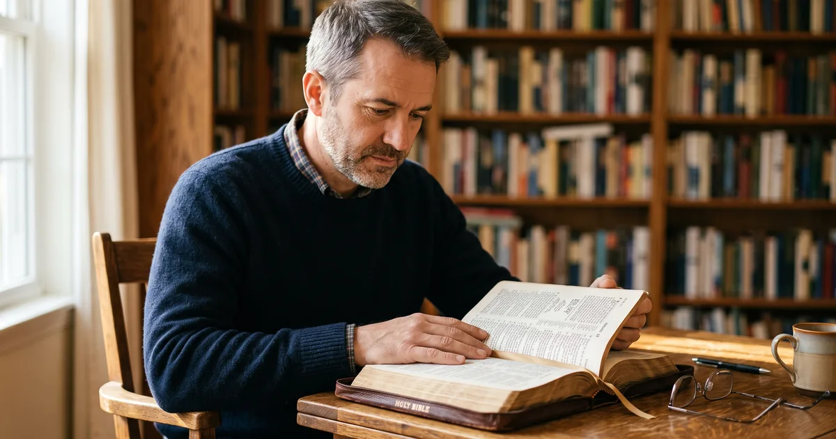 Hombre leyendo biblia sueter azul leyendo la Biblia